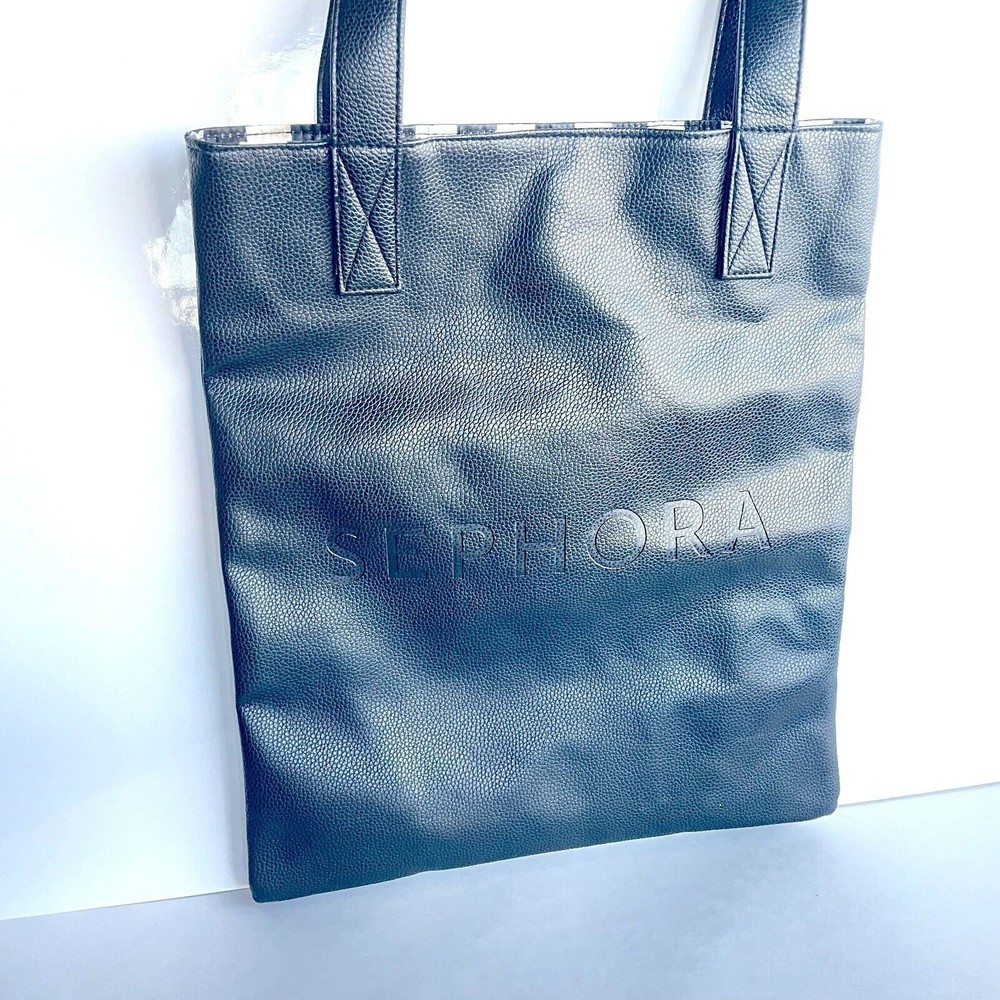 Sephora Pebbled Leather Shoulder Tote Bag w Striped Interior